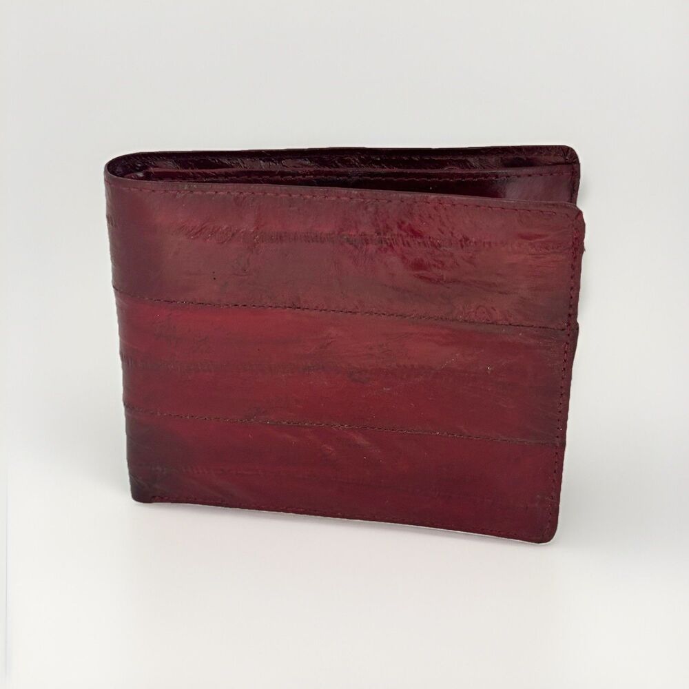 Men's Genuine Burgundy Wine Eel Skin Leather Bi-Fold Credit Card Wallet